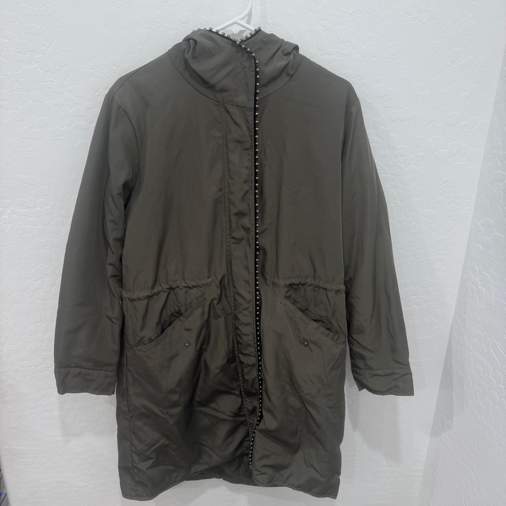 Steve Madden Coat Womens Small Green Bomber Jacket Gun Metal Studded Full